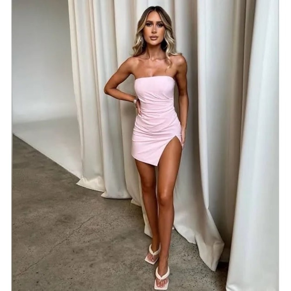 Baby Boo Christiana Strapless Mini Cocktail Slit Dress Baby Pink Wedding Guest - Picture 2 of 6
